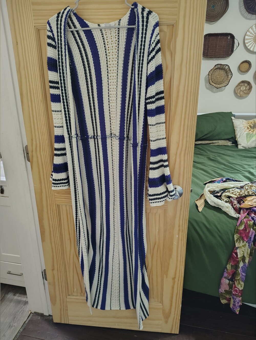 VENUS Navy Blue Indigo and Ivory Striped Crochet Maxi Duster Sweater Duster - Picture 2 of 5